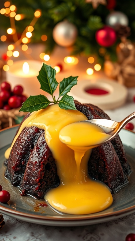 Traditional Christmas pudding with holly on top, served with warm custard on a festive table.